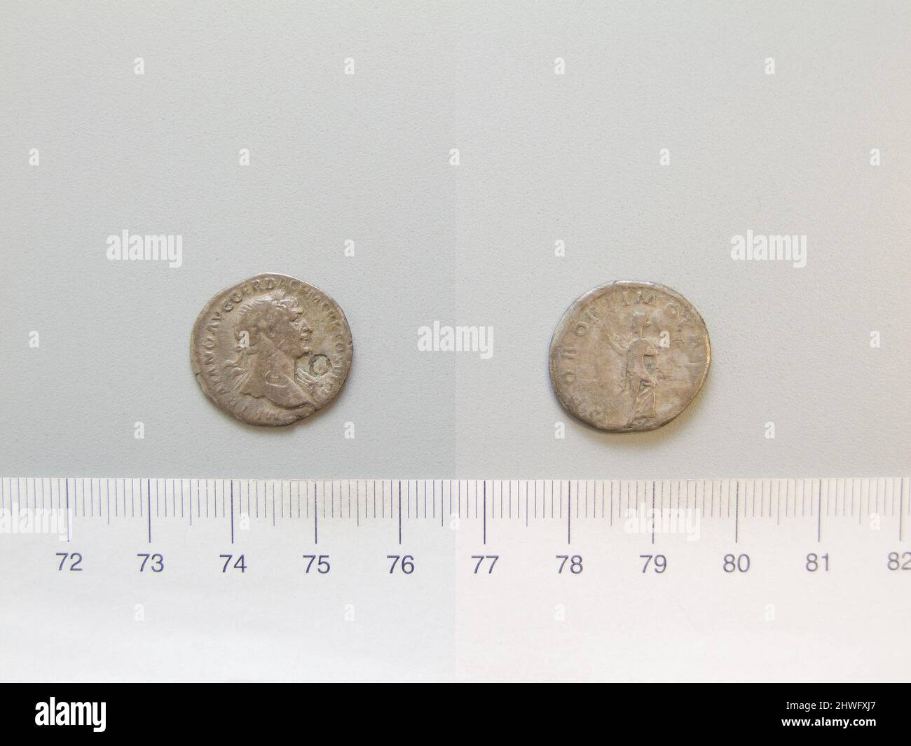 Denario di Traiano, imperatore di Roma da Roma. Regnante: Traiano, Imperatore di Roma, A.D. 53–117, regnò 98–117 Mint: Roma artista: Sconosciuto Foto Stock