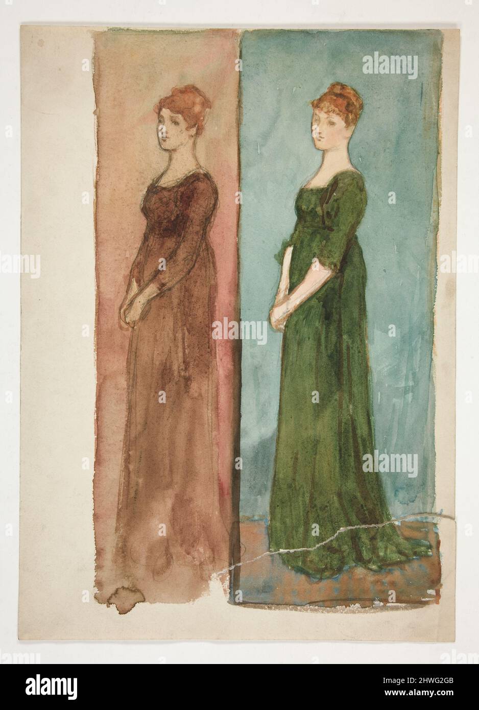 Due schizzi di una donna (vestito di rosso, di verde) - Costume studia per un gioco?. Artista: Edwin Austin Abbey, americano, 1852–1911, M.A. (HON.) 1897 Foto Stock