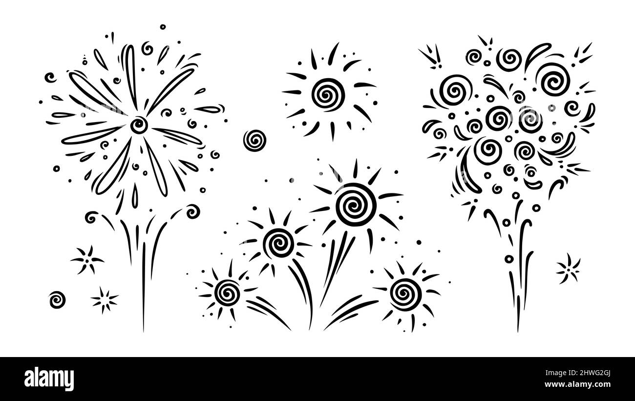 Set di fuochi d'artificio Doodle. Lucenti prefazioni per feste e celebrazioni. Illustrazione vettoriale isolata su sfondo bianco Illustrazione Vettoriale