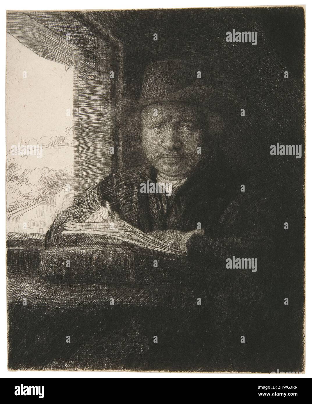 Autoritratto: Disegno in una finestra. Artista: Rembrandt (Rembrandt van Rijn), olandese, 1606–1669 Foto Stock