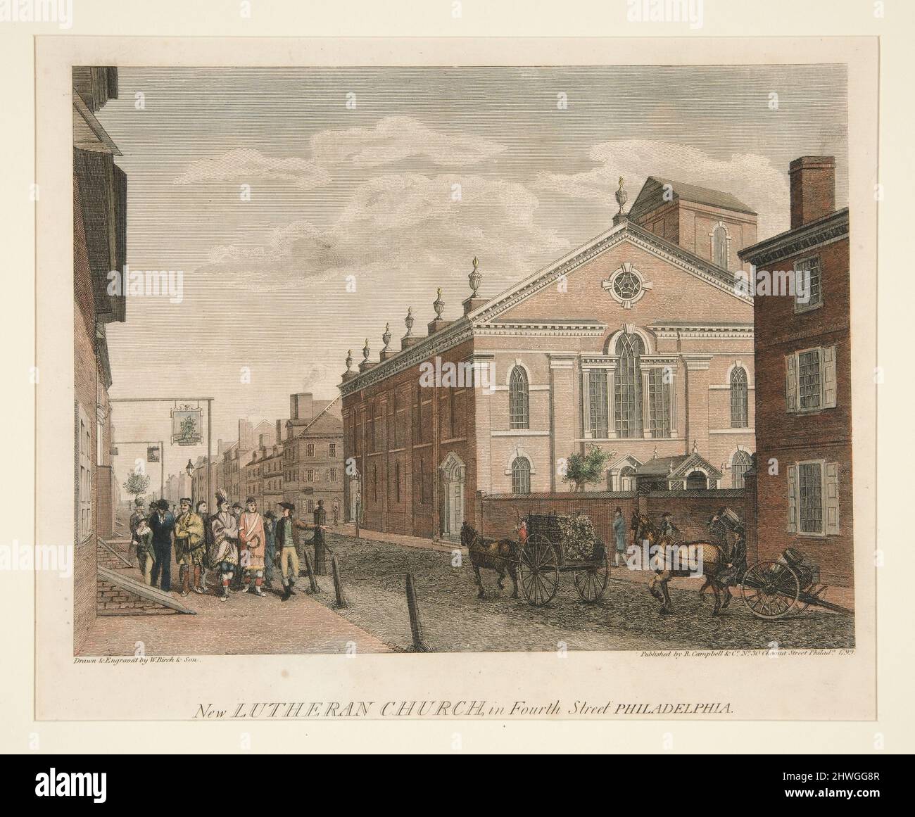 Nuova chiesa luterana, in Fourth Street - Philadelphia. Artista: William Russell Birch, britannico, 1755–1834 Foto Stock