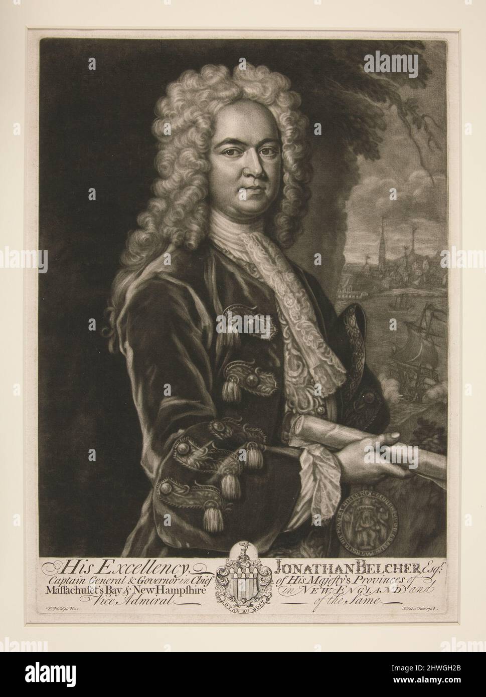 Sua Eccellenza Jonathan Belcher, Esq.. Artista: John Faber, il giovane, britannico, nato Olanda, 1684–1756After: Richard Phillips, Inglese, 1681–1741 Foto Stock