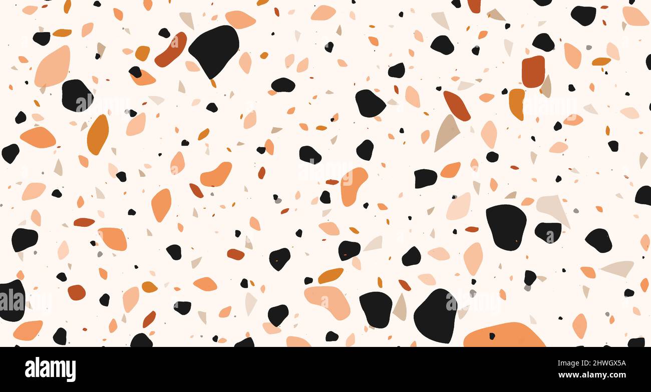 Terrazzo veneziano frammenti di pietra senza cuciture in color nero arancio pesca. Moderno minimalistico pavimento piastrella astratto sfondo vettore illus Illustrazione Vettoriale