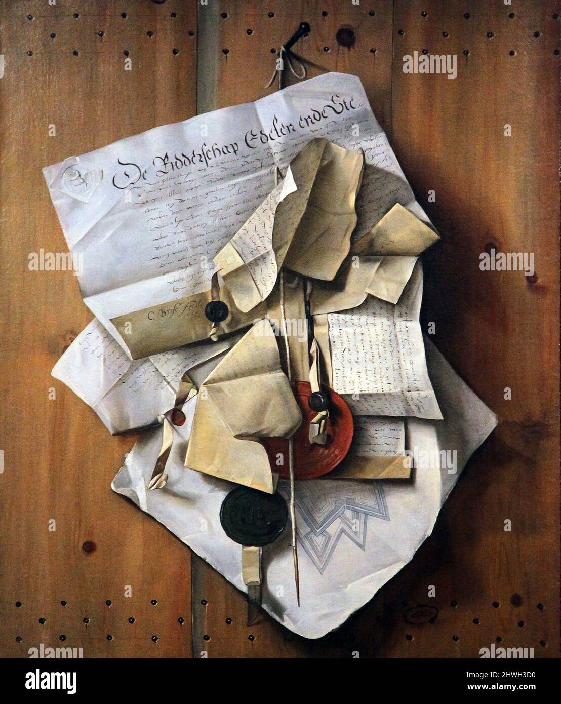 Documenti inchiodati su uno schermo di legno (1660) di Cornelis Brisé (1621-1670). Pittore olandese del secolo d'oro. Tromp l'oeil. Foto Stock
