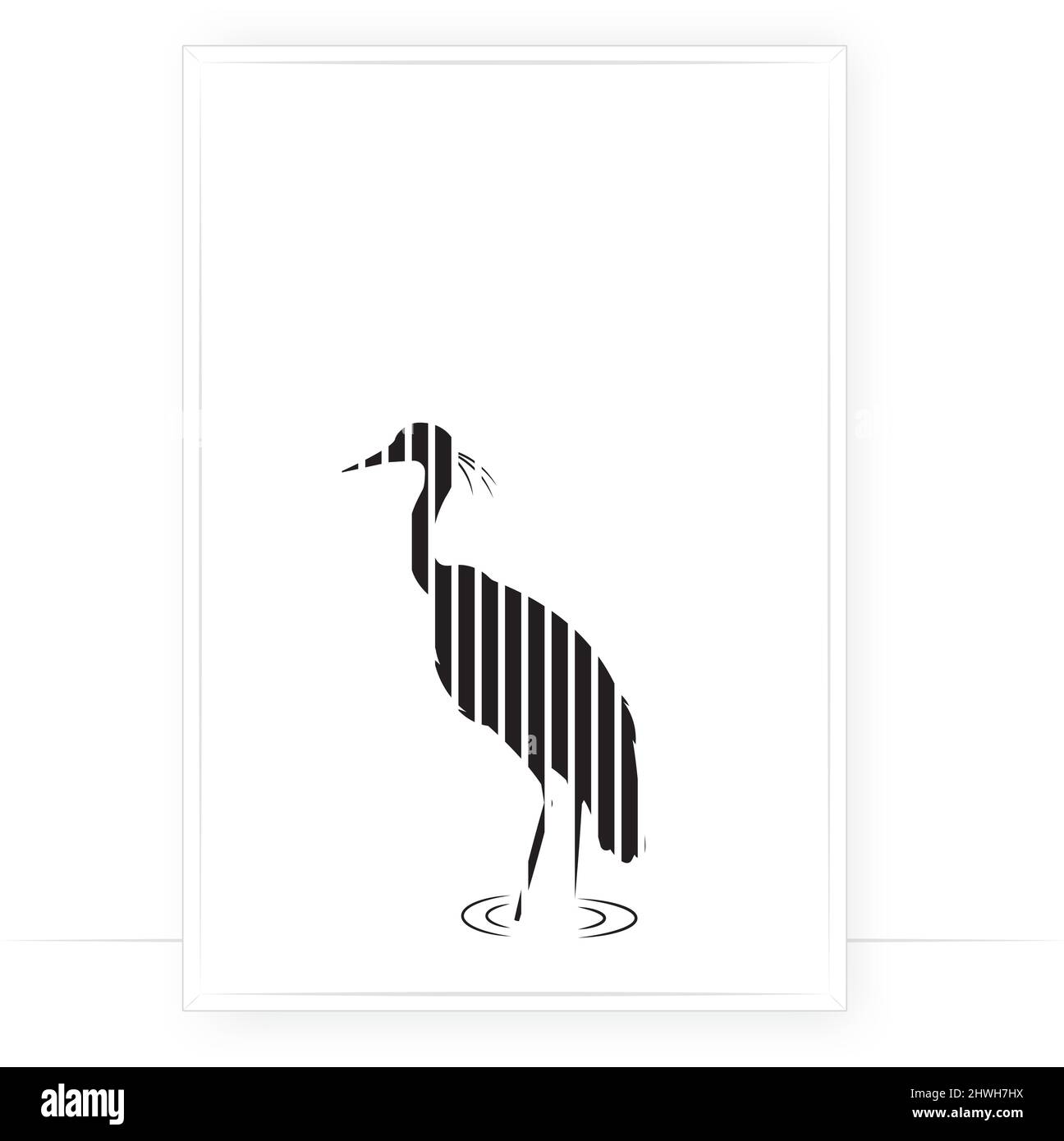 Silhouette Heron isolata su sfondo bianco, vettoriale. Design minimalista scandinavo con poster in cornice. Arte moderna della parete, opere d'arte. Disegno grafico, Geome Illustrazione Vettoriale