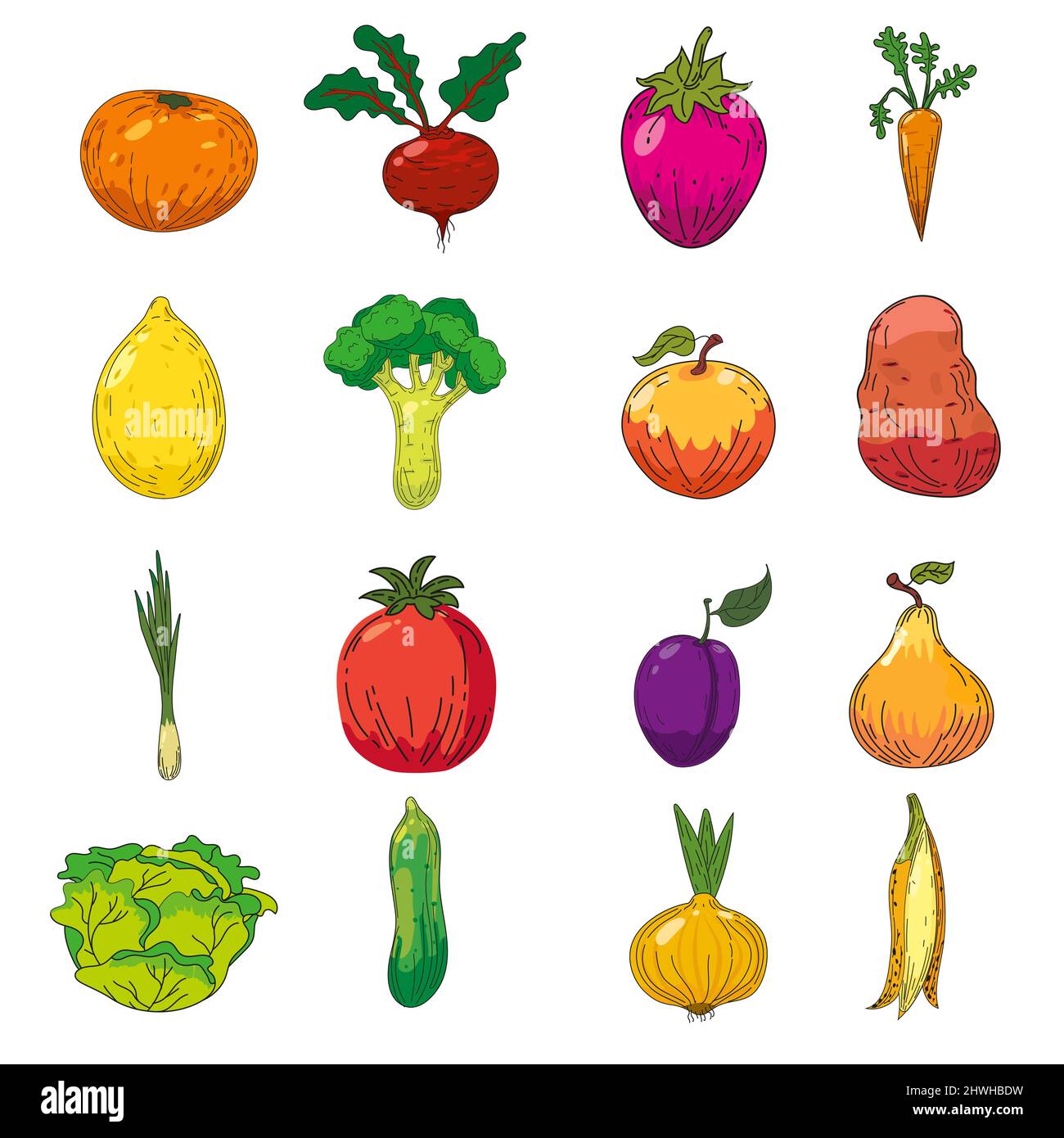 Set di illustrazioni di frutta e verdura. Disegno a mano icona di doodles  colorato, prodotto biologico fattoria. Disegno vettoriale vintage, retro  Immagine e Vettoriale - Alamy