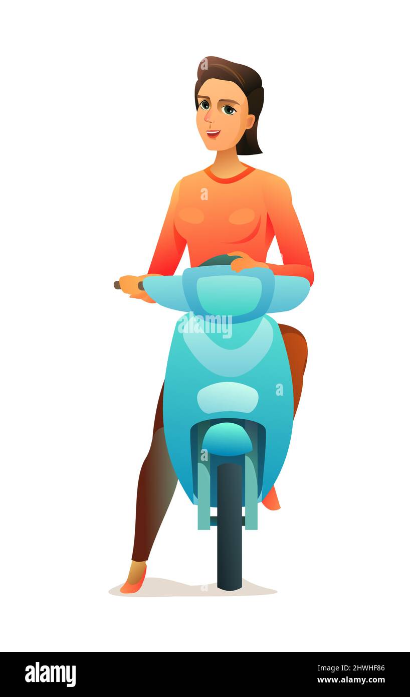 Ragazza su scooter. Donna che guida. Fumetto allegro femmina. Stile carino dei cartoni animati. Isolato su sfondo bianco. Vettore. Illustrazione Vettoriale