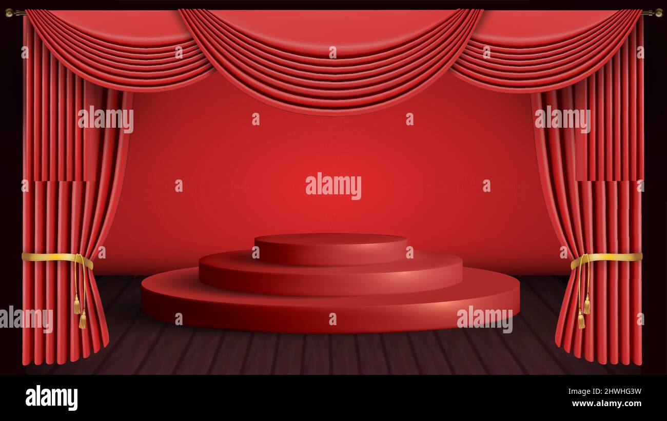 Palcoscenico teatrale con tende rosse e palco rosso. 3d vettore drappeggi. Illustrazione Vettoriale