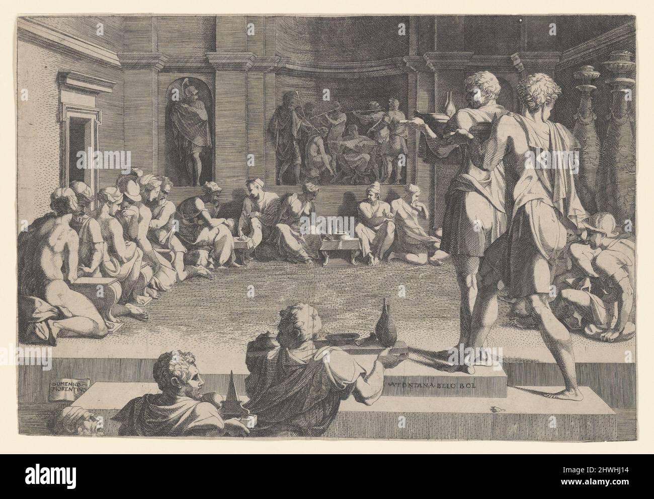 Il banchetto di Alessandro Magno. Incisore: Domenico del Barbiere, 1506–1565After: Francesco Primaticcio, 1504–1570 Foto Stock