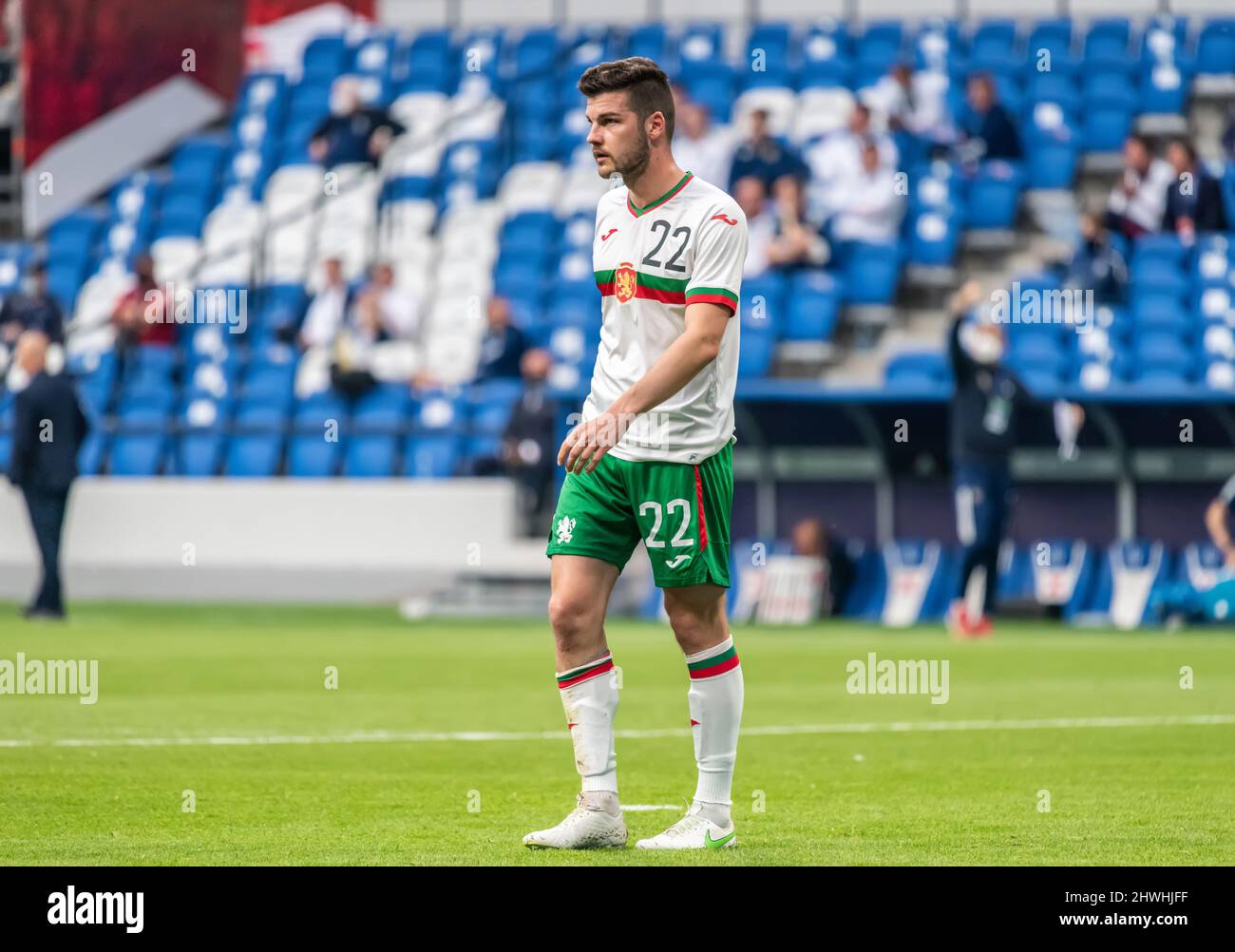 Mosca, Russia – 5 giugno 2021. Bulgaria squadra nazionale di calcio centrocampista Petar Vitanov durante la Russia internazionale amichevole contro Bulgaria (1-0). Foto Stock