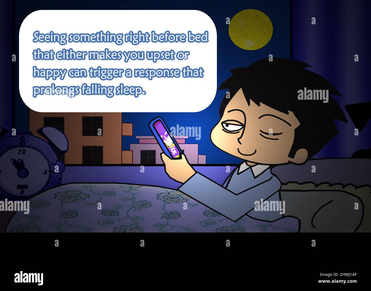 SHANGHAI, CINA - 6 MARZO 2022 - Un cartone animato mostra un bambino che guarda un telefono cellulare prima di andare a letto, Shanghai, Cina, 6 marzo 2022. Mostra di ricerca Foto Stock