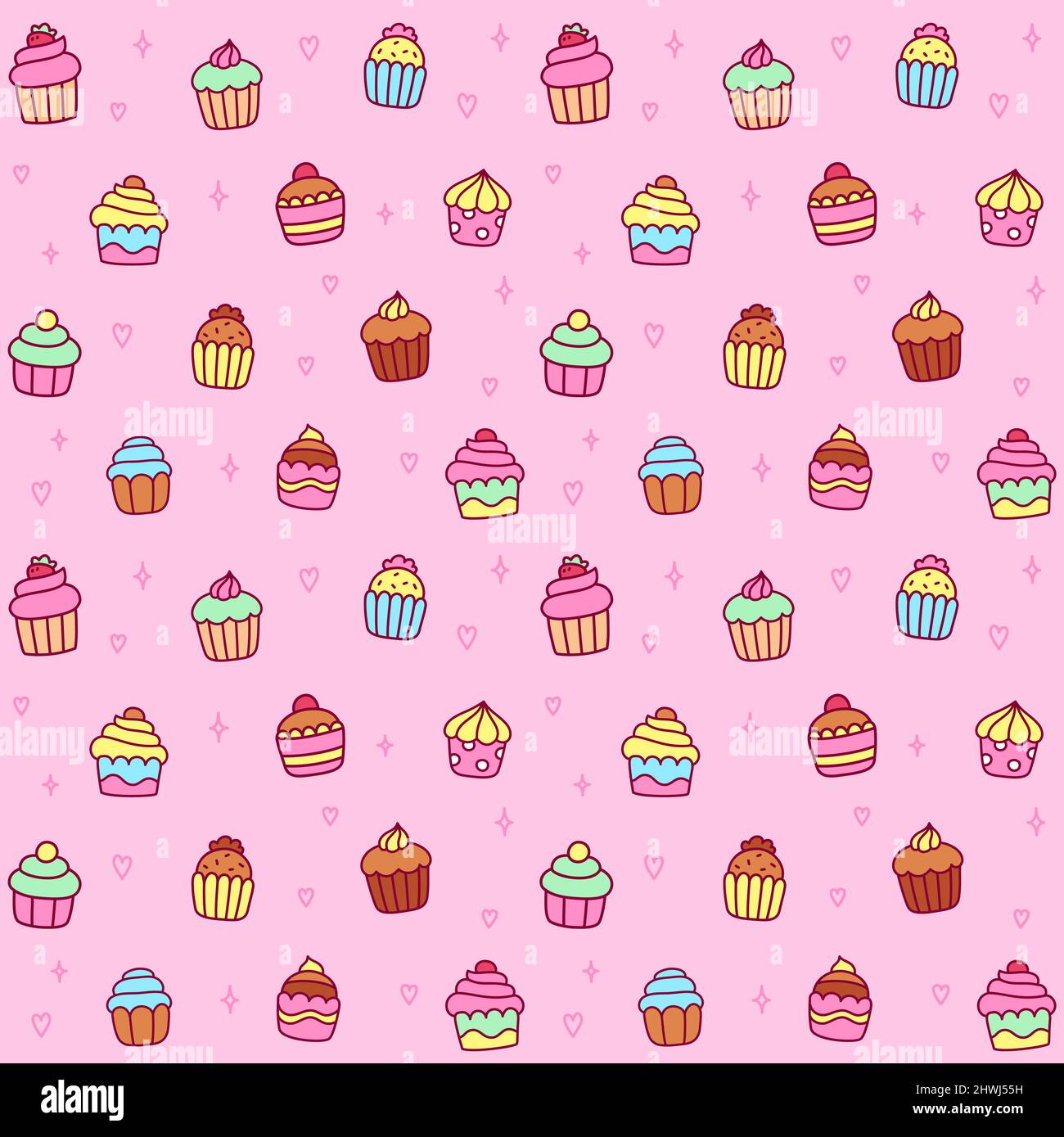 Cupcake cartoon motivo senza cuciture su sfondo rosa. Carino scarabocchi disegnati a mano, illustrazione vettoriale. Illustrazione Vettoriale