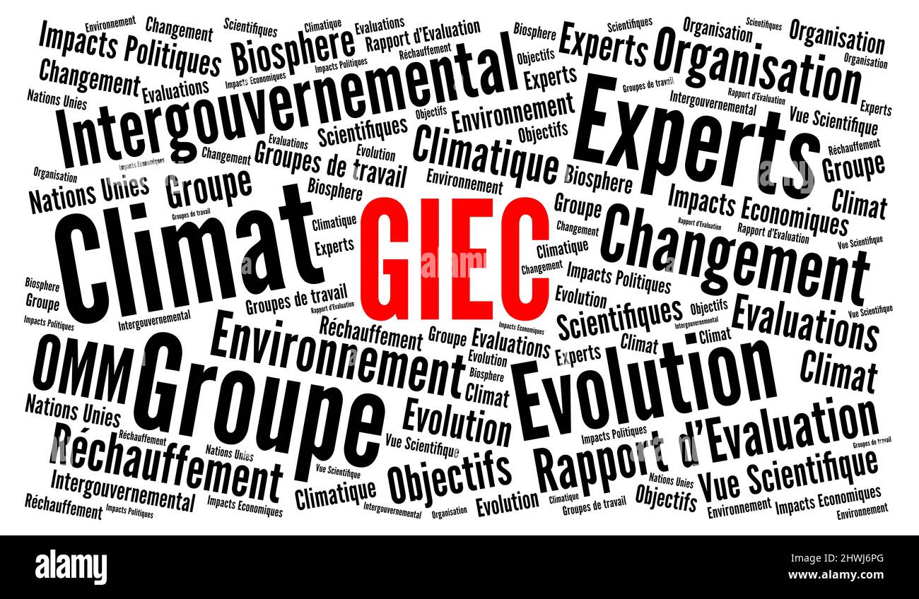 IPCC Gruppo intergovernativo sul cambiamento climatico parola nube chiamata GIEC in lingua francese Foto Stock