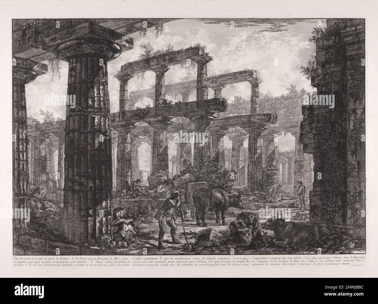 Vue des restes de la celle du Temple de Neptune (Vista dei resti della cella del Tempio di Nettuno), da différentes vues de … Pesto (viste diverse di … Paestum). Artista: Giovanni Battista Piranesi, italiano, 1720–1778 Foto Stock