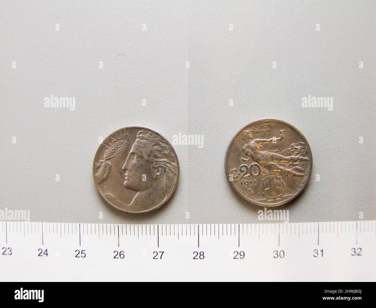 20 Centesimi di Vittorio Emanuele III, re d'Italia da Roma. Regnante: Vittorio Emanuele III, re d'Italia, 1869–1947, regnò 1900–1946 Mint: RomeMaker: Leonardo Bistolfi, italiano, 1859–1933Engraver: Luigi Giorgi, italiano, 1848–1912 Foto Stock