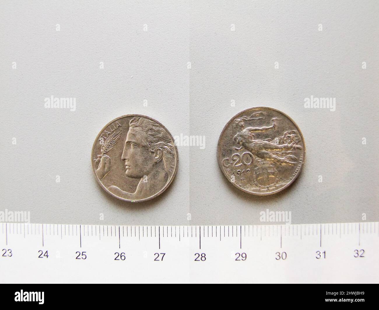20 Centesimi di Vittorio Emanuele III, re d'Italia da Roma. Regnante: Vittorio Emanuele III, re d'Italia, 1869–1947, regnò 1900–1946 Mint: RomeMaker: Leonardo Bistolfi, italiano, 1859–1933Engraver: Luigi Giorgi, italiano, 1848–1912 Foto Stock