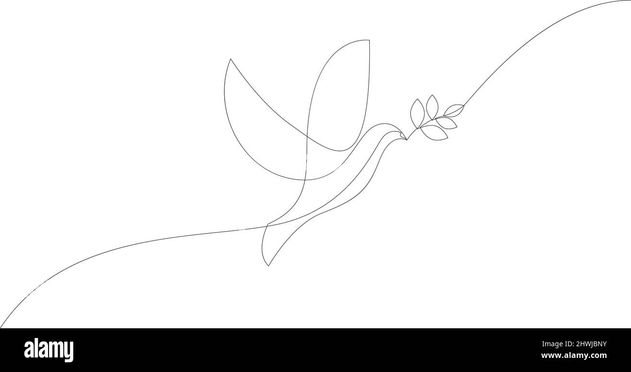 Disegno di disegno di concetto di linea continua della colomba con ramo di oliva. Simbolo di pace. Illustrazione vettoriale. Illustrazione Vettoriale