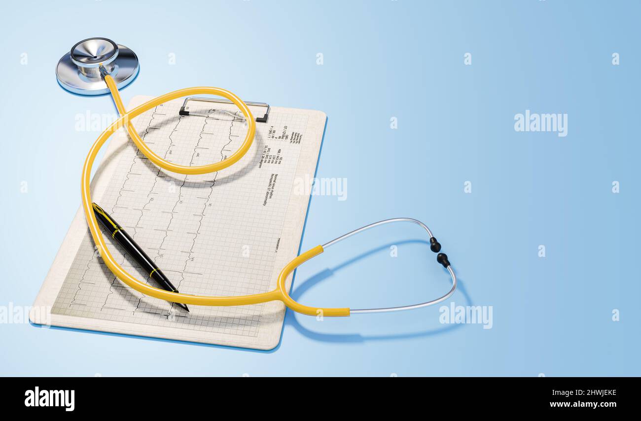 3D stetoscopio su grafico EKG, 3D rappresentazione grafica Foto Stock