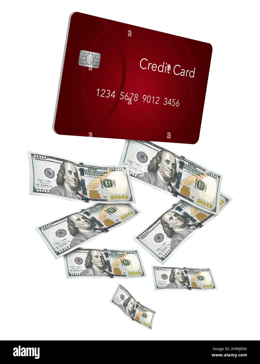 I contanti cadono da una carta di credito rossa generica in un'illustrazione di 3-d circa usando la vostra carta per ottenere i contanti. Foto Stock