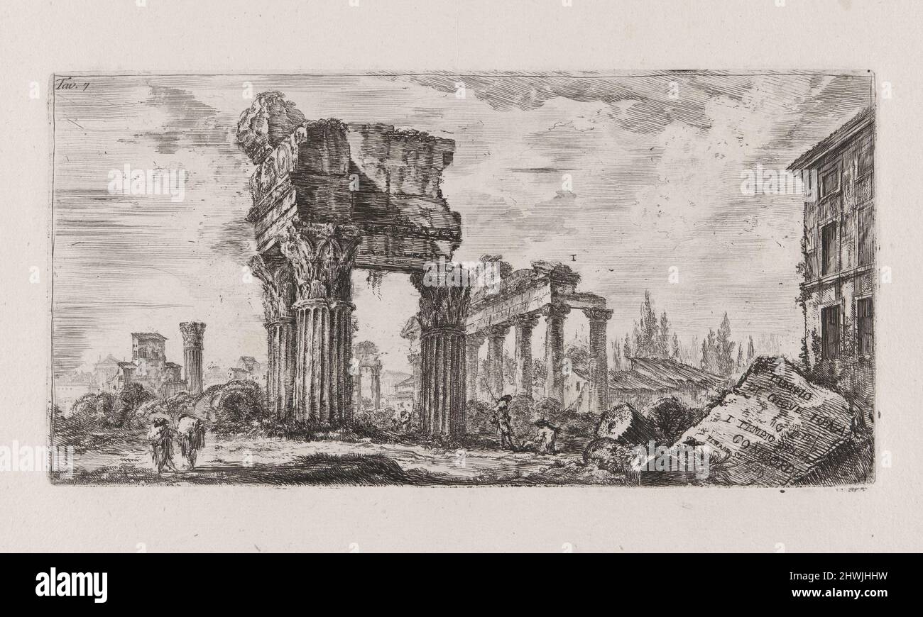 TAV. 7 Tempio di Giove Tonans 1. Tempio della Concordia (Pl. 7 Tempio di Giove Tonans [Giove il Thunderer] 1. Tempio di Concord), da Alcune vedute di archi Trionfali ed altri monumenti inalzati da Romani parte de quali se veggono in Roma e parte per l’Italia (alcune viste di archi Triumfali ed altri monumenti eretti dai Romani, alcuni dei quali sono a Roma ed altri in Italia). Artista: Giovanni Battista Piranesi, italiano, 1720–1778 Foto Stock