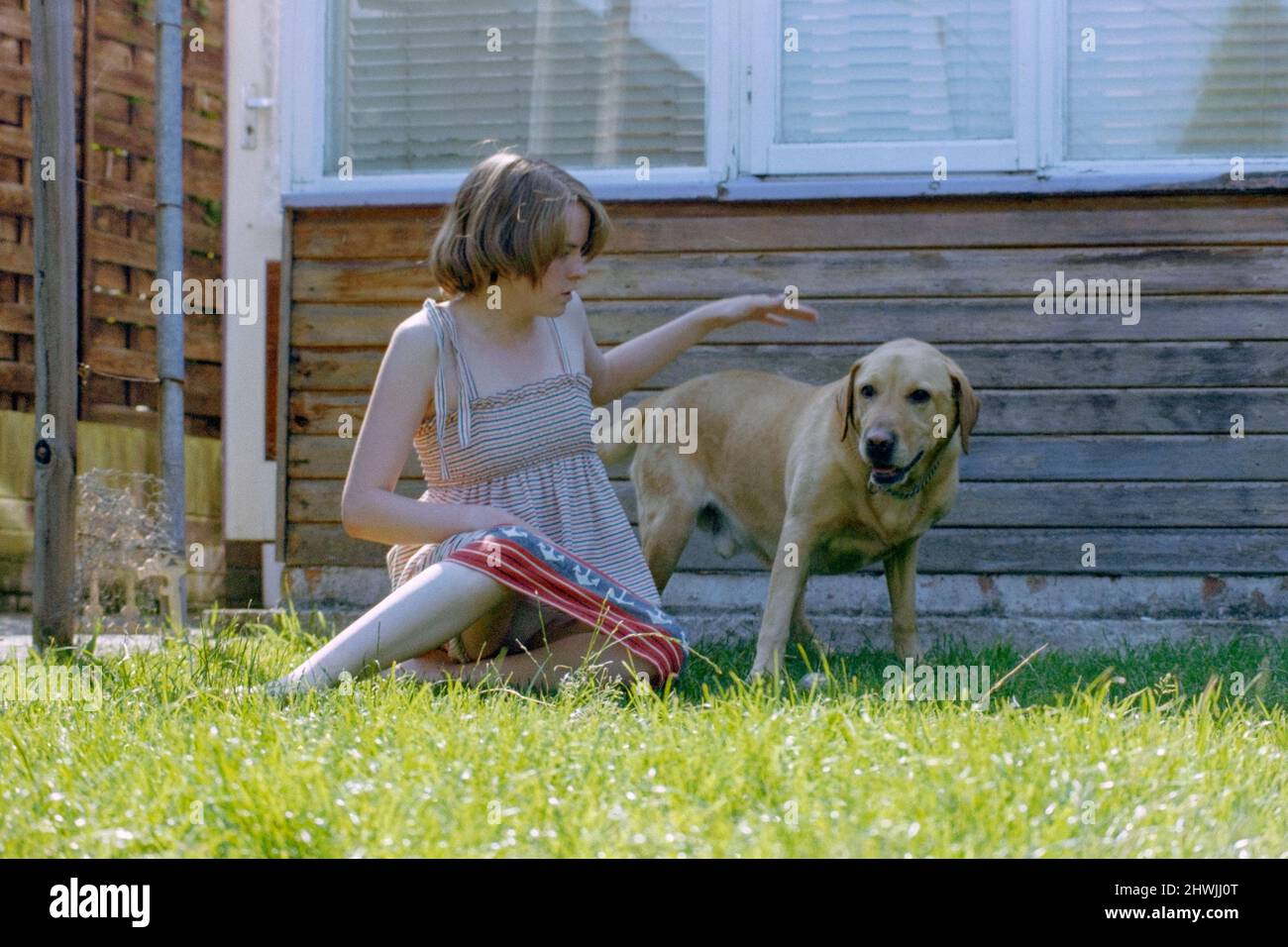 bella giovane donna con taglio di capelli biondo bob e abito estivo leggero alla moda nei primi 1980s pats il suo cane in giardino rugby inghilterra regno unito Foto Stock