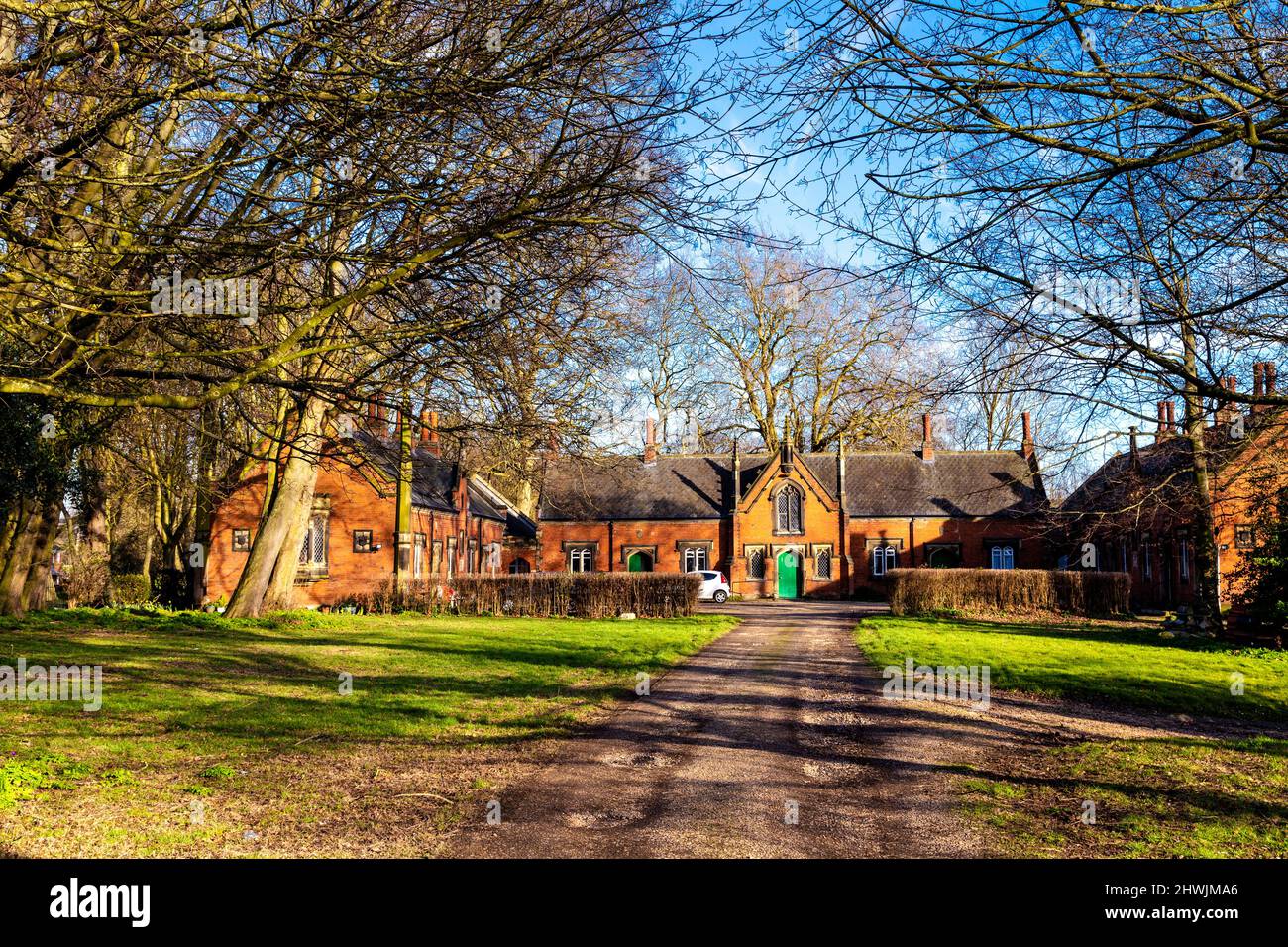 Esterno in stile vittoriano Framingham Almshouses presso il parco Walks a King's Lynn, Norfolk, Regno Unito Foto Stock