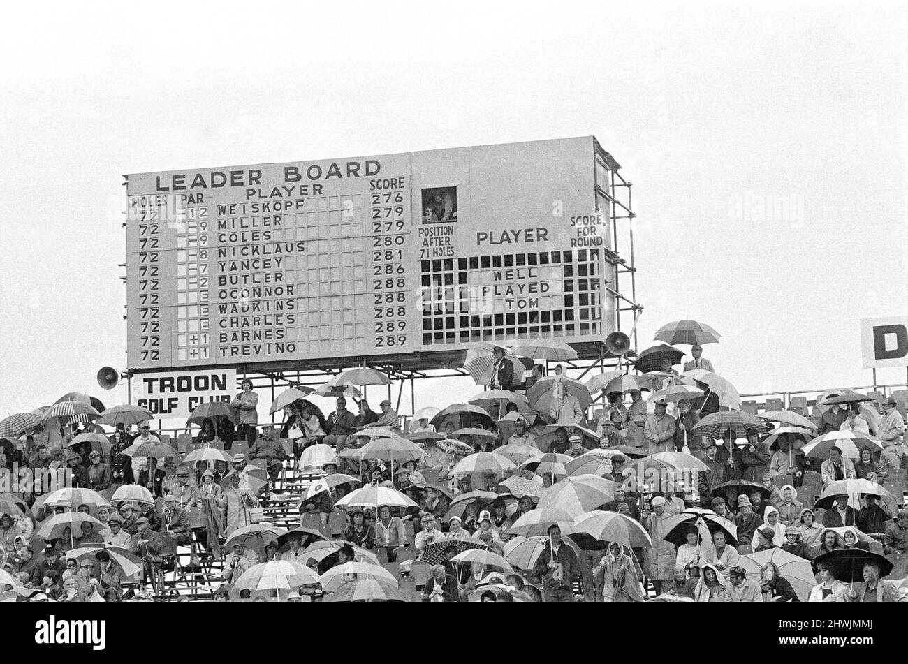 British Open 1973. Troon Golf Club a Troon, Scozia, tenuto dal 11th al 14th luglio 1973. Nella foto, quadro di valutazione, 14th luglio 1973. Foto Stock