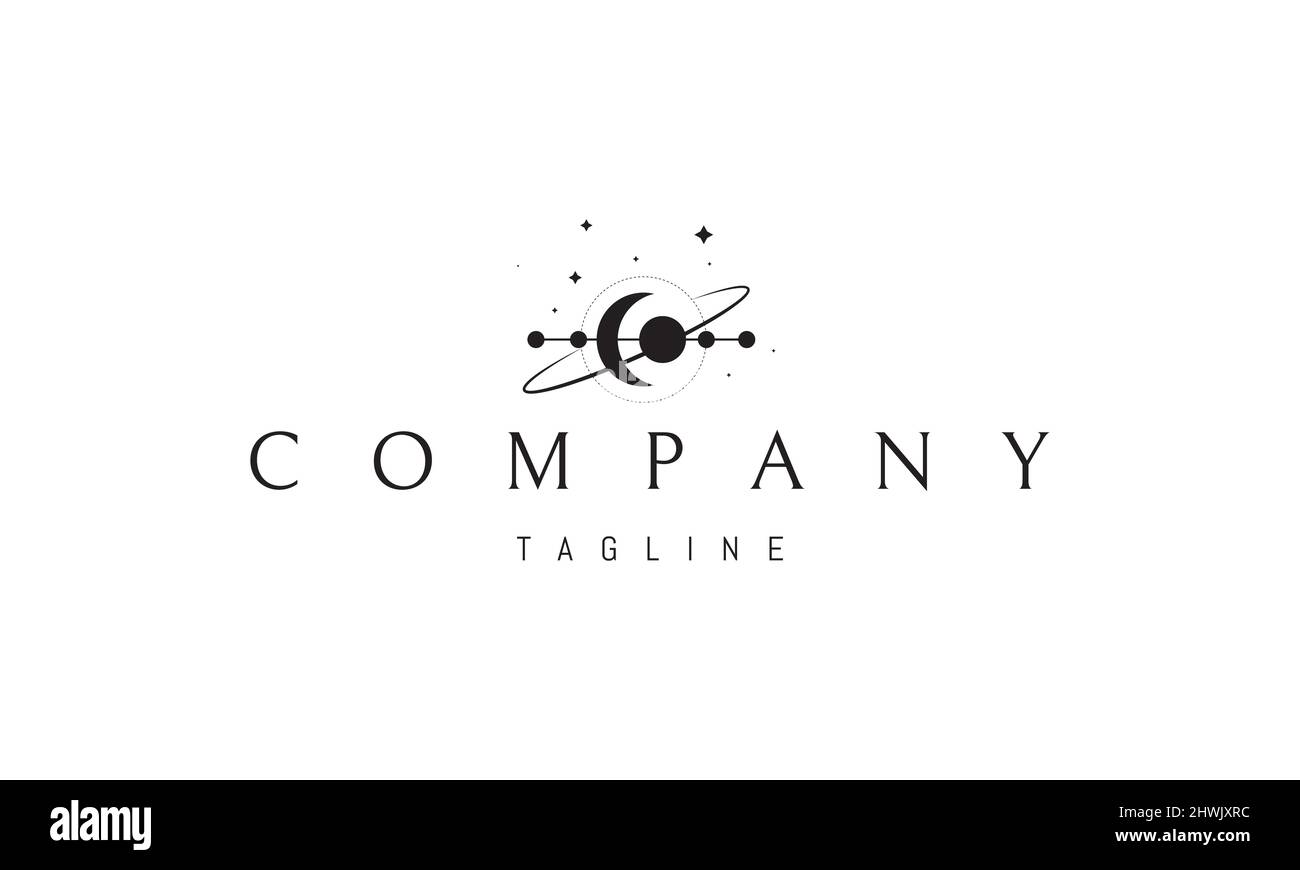 Logo vettoriale su cui un'immagine astratta del pianeta e della luna con un'orbita in stile spaziale. Illustrazione Vettoriale