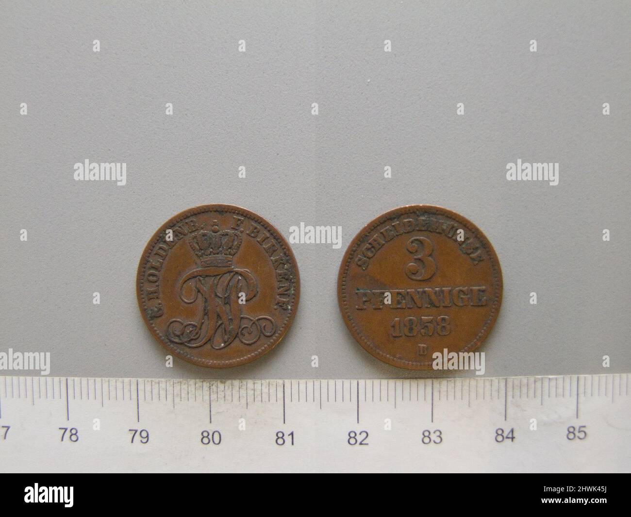 3 Pfennig di Nicolaus Friedrich Peter von Oldenburg da Hannover. Regolo: Nikolaus Friedrich Peter, Granduca di Oldenburg, 1827–1900 Mint: Hannover artista: Karl Theodor Wilhelm Brüel, tedesco, 1810–1885 Foto Stock