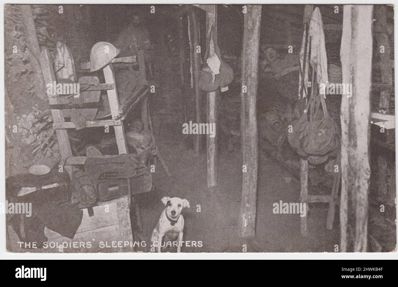 'I soldati 'dormitori': Cartolina della prima guerra mondiale che mostra dormitori per i soldati francesi nelle trincee del fronte occidentale - mazzi con borse kit appesi ai pozzi. I soldati si trovano nei cuccini e un cane è seduto sul pavimento del dugout. L'immagine è stata una delle fotografie ufficiali di le Section Photographique de l'Armée Francaise, pubblicato da Newspaper Illustrations Ltd. Nel Regno Unito Foto Stock