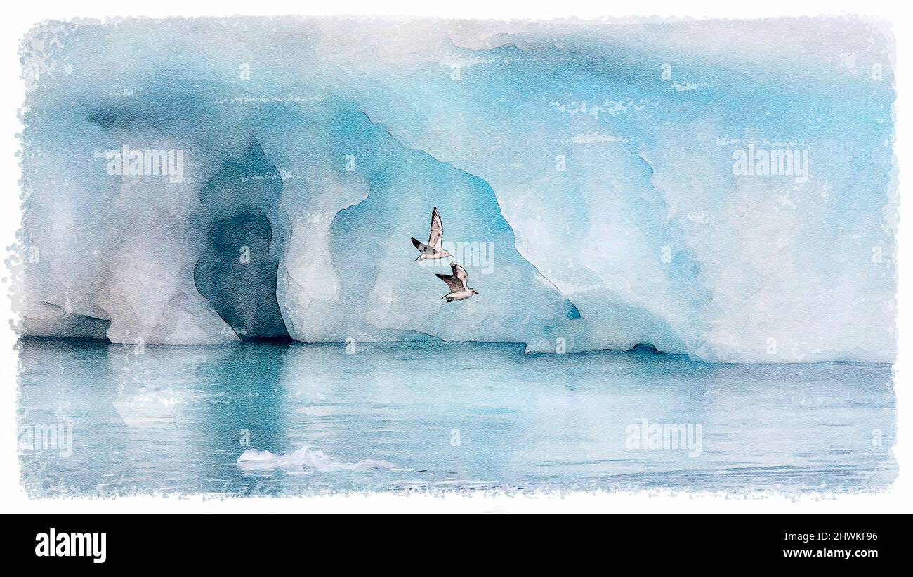 Uccelli bianchi che volano tra il ghiaccio blu, acquerello stile Foto Stock