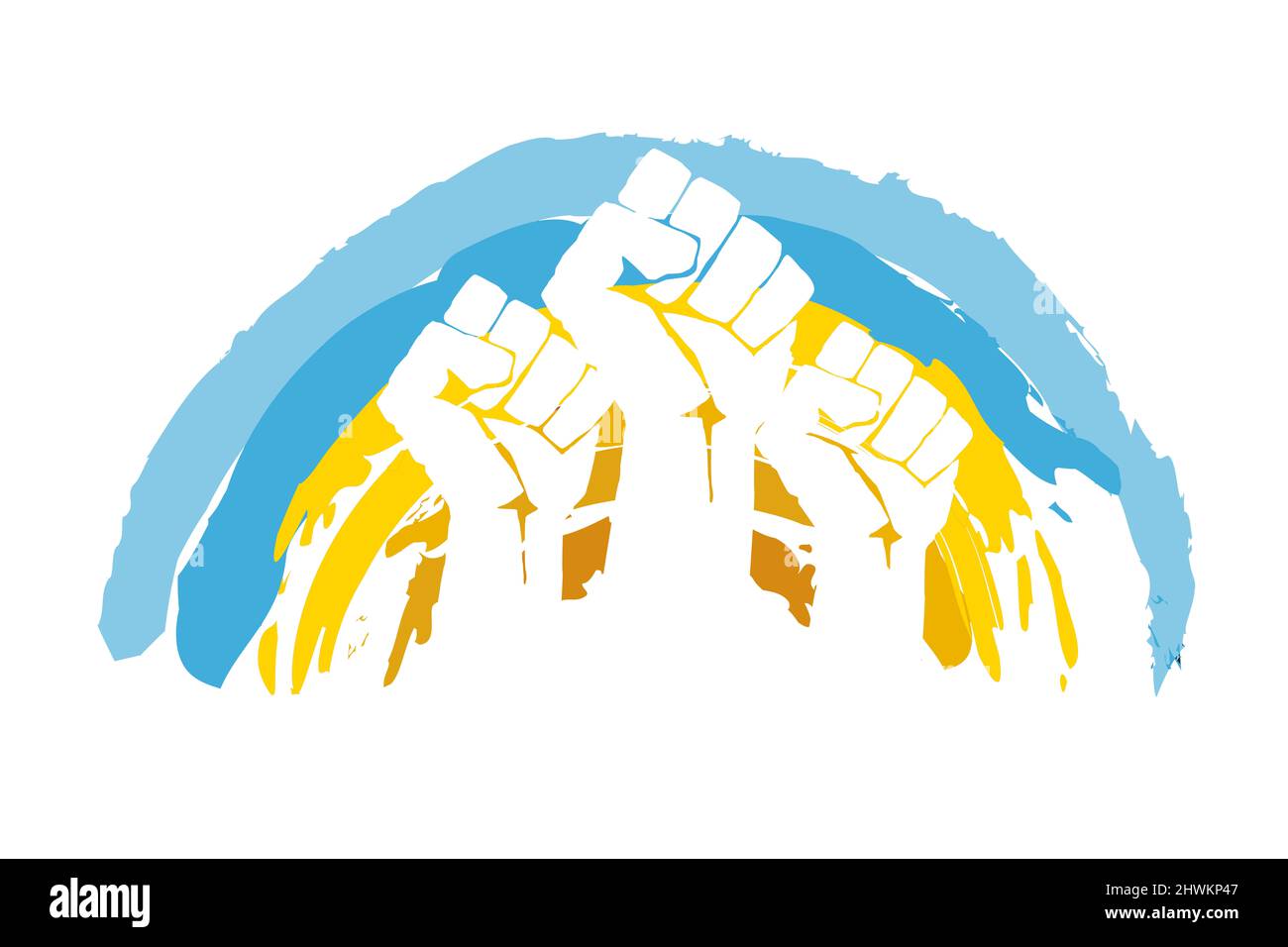 Stare con l'Ucraina. Pugno sulla bandiera nazionale ucraina blu e gialla. Pregate per la pace. Illustrazione moderna in stile piatto. Fermare la guerra in Russia. Aiuto Ucraina. Foto Stock