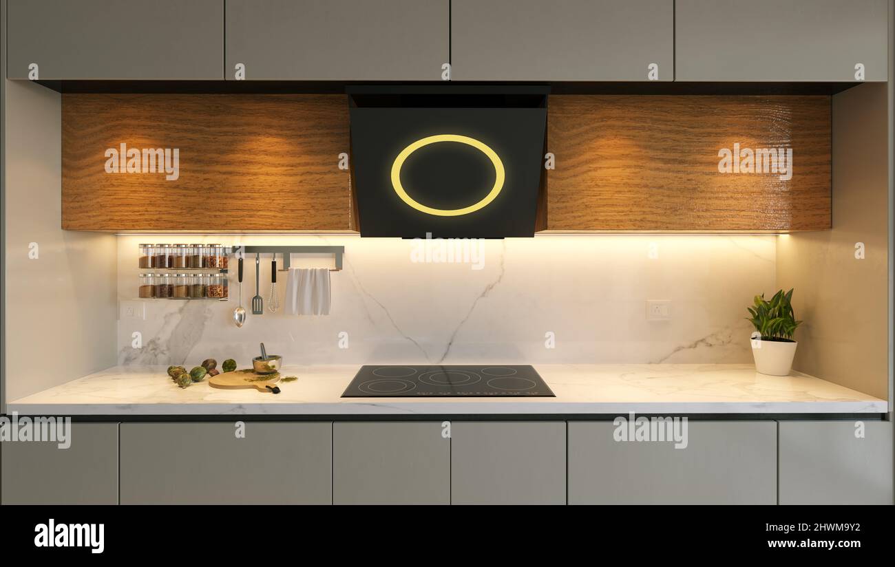 moderno isola cucina stile legno e lacca armadio cucina design 3d rendering Foto Stock
