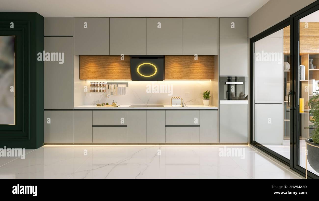 cucina isola moderna stile cucina legno e laccato design armadio cucina con parete verde 3d rendering Foto Stock