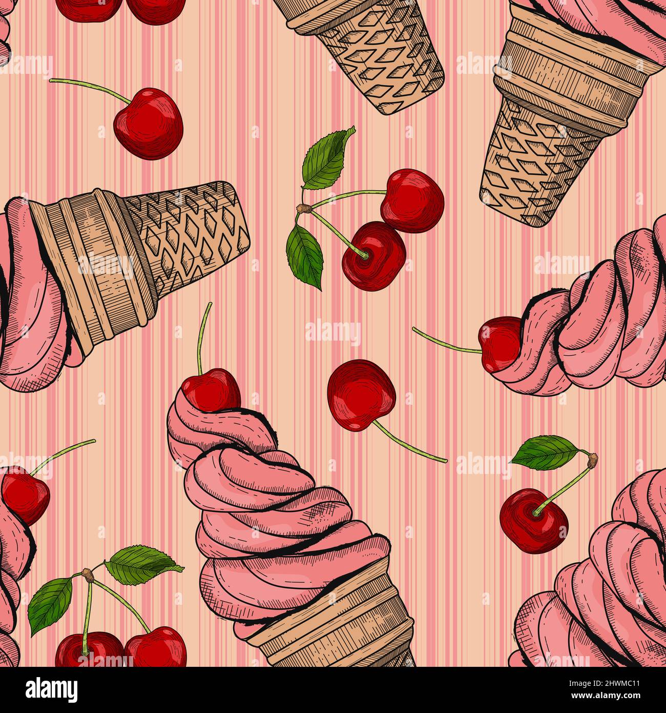 Gelato con ciliegia in stile inciso. Disegno senza giunture, disegno vettoriale a mano Illustrazione Vettoriale