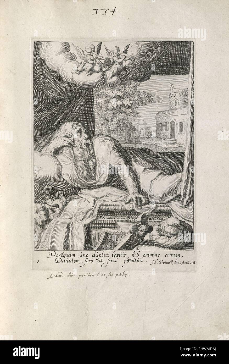 David, 1 di 8 stampe dalla serie otto peccatori pentiti dal Vecchio e nuovo Testamento. Editore: Jacques de Gheyn II, olandese, 1565–1629After: Karel van Mander i, olandese, 1548–1606 Foto Stock