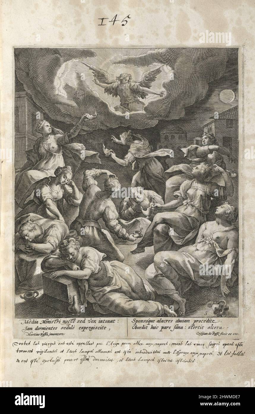 Il Signore chiama le Vergini, pl. 5 del 8 dalla parabola della serie delle cinque Vergini saggi e stolti. Editore: Crispijn de Passe il Vecchio, olandese, 1565–1637After: Maarten de Vos, fiammingo, 1532–1603 Foto Stock