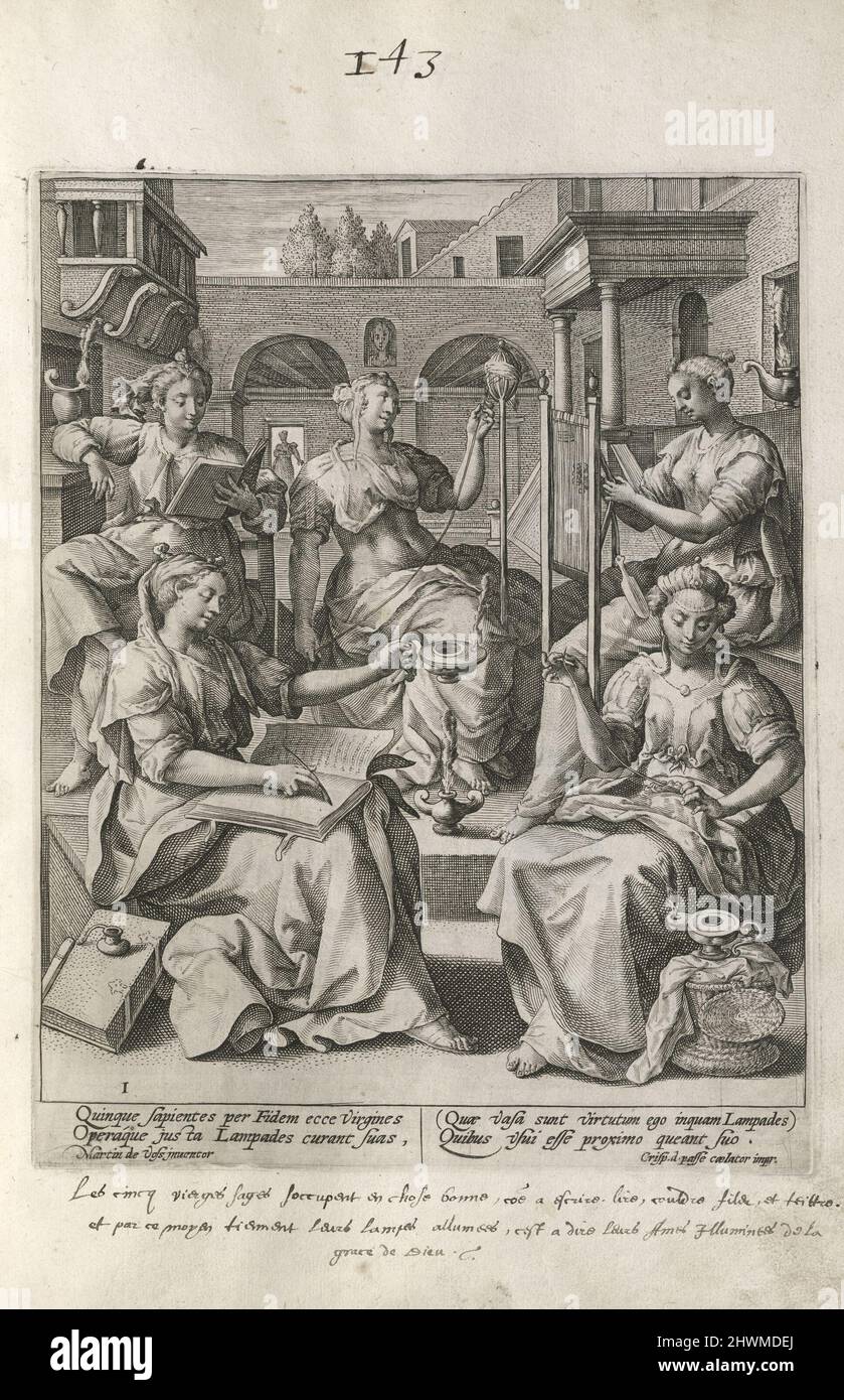 Il saggio Virgins a varie occupazioni, pl. 1 del 8 dalla parabola della serie delle cinque Vergini saggi e stolti. Editore: Crispijn de Passe il Vecchio, olandese, 1565–1637After: Maarten de Vos, fiammingo, 1532–1603 Foto Stock