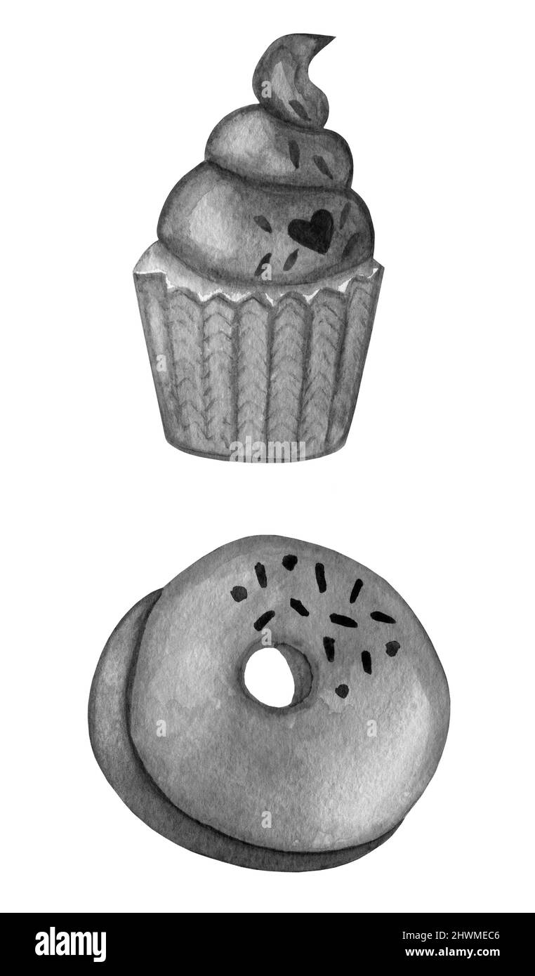 Clipart - ciambella per gelato. Immagine monocromatica degli alimenti ad acquerello isolata su bianco. Design per biglietto d'auguri, tessuto, tessuto, carta da parati, me Foto Stock