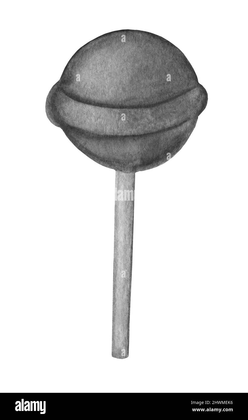 Caramelle al caramello con lecca lecca su un bastone. Immagine monocromatica degli alimenti ad acquerello isolata su bianco. Design per tessuto, carta da parati, menu, imballaggio, stampa, ba Foto Stock