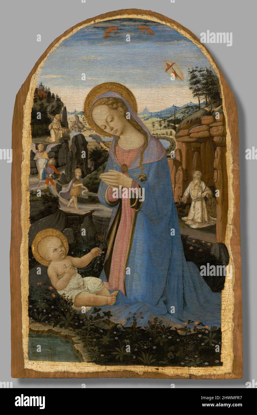 L'adorazione del Cristo Bambino con San Francesco d'Assisi che riceve le Stigmate; Tobias e l'Angelo; San Giovanni Battista nella natura; e il Penitente San Gerolamo. Artista: Andrea del Verrocchio, italiano, 1435–1488 artista: Biagio d’Antonio, italiano, Firenze, 1446–1516 Foto Stock