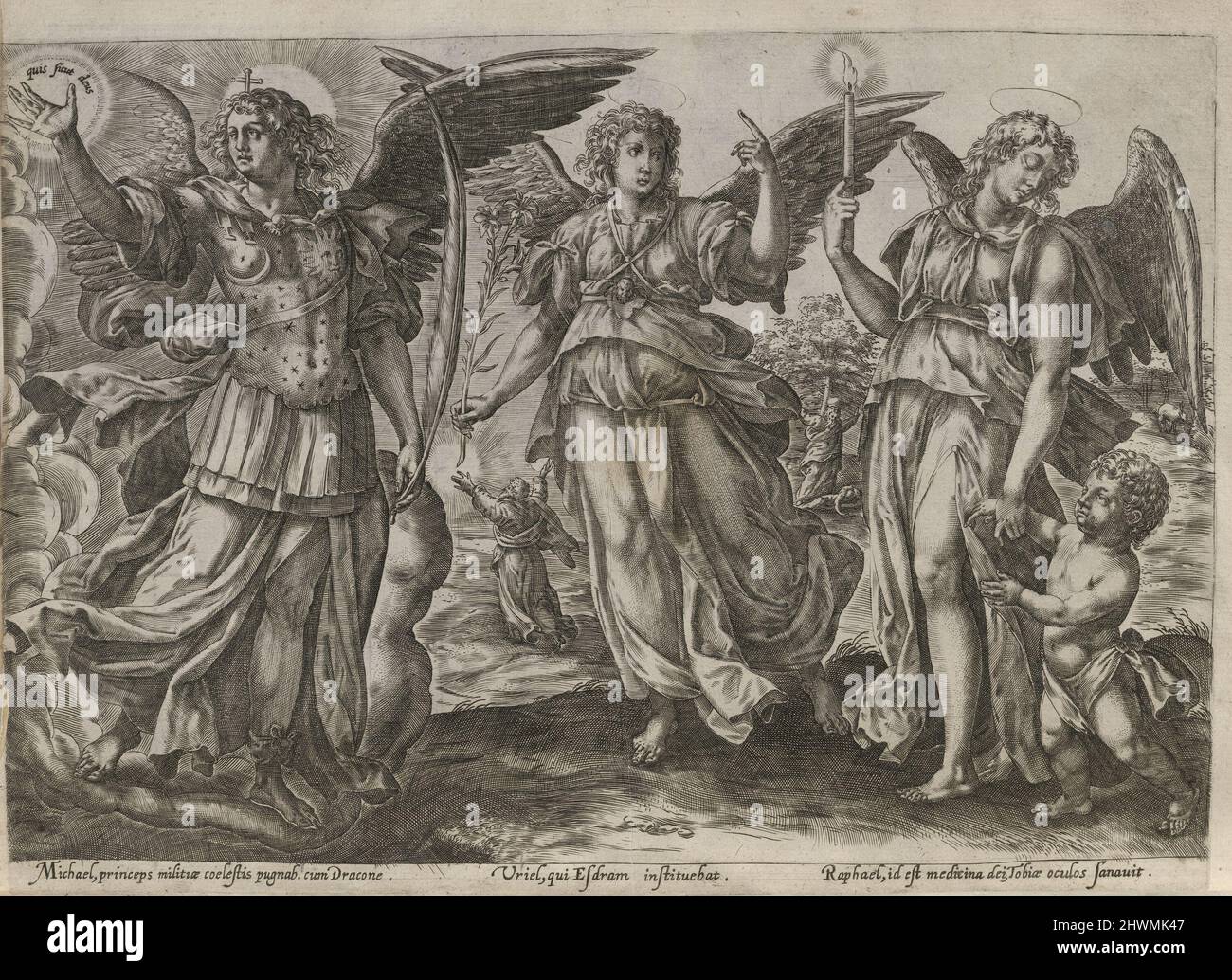 Gli Angeli Michele, Uriel e Raffaello. Artista, probabilmente di: Gerard de Jode, Fiammingo, 1509 o 1517–1591 Foto Stock