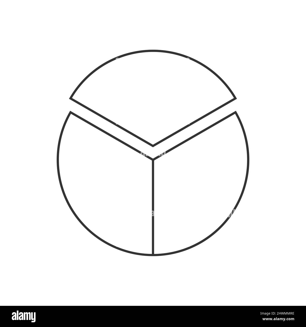 Cerchio segmentato in 3 parti uguali. Forma a torta o pizza tagliata a tre fette. Esempio di grafico statistico rotondo isolato su sfondo bianco. Illustrazione del contorno vettoriale Illustrazione Vettoriale