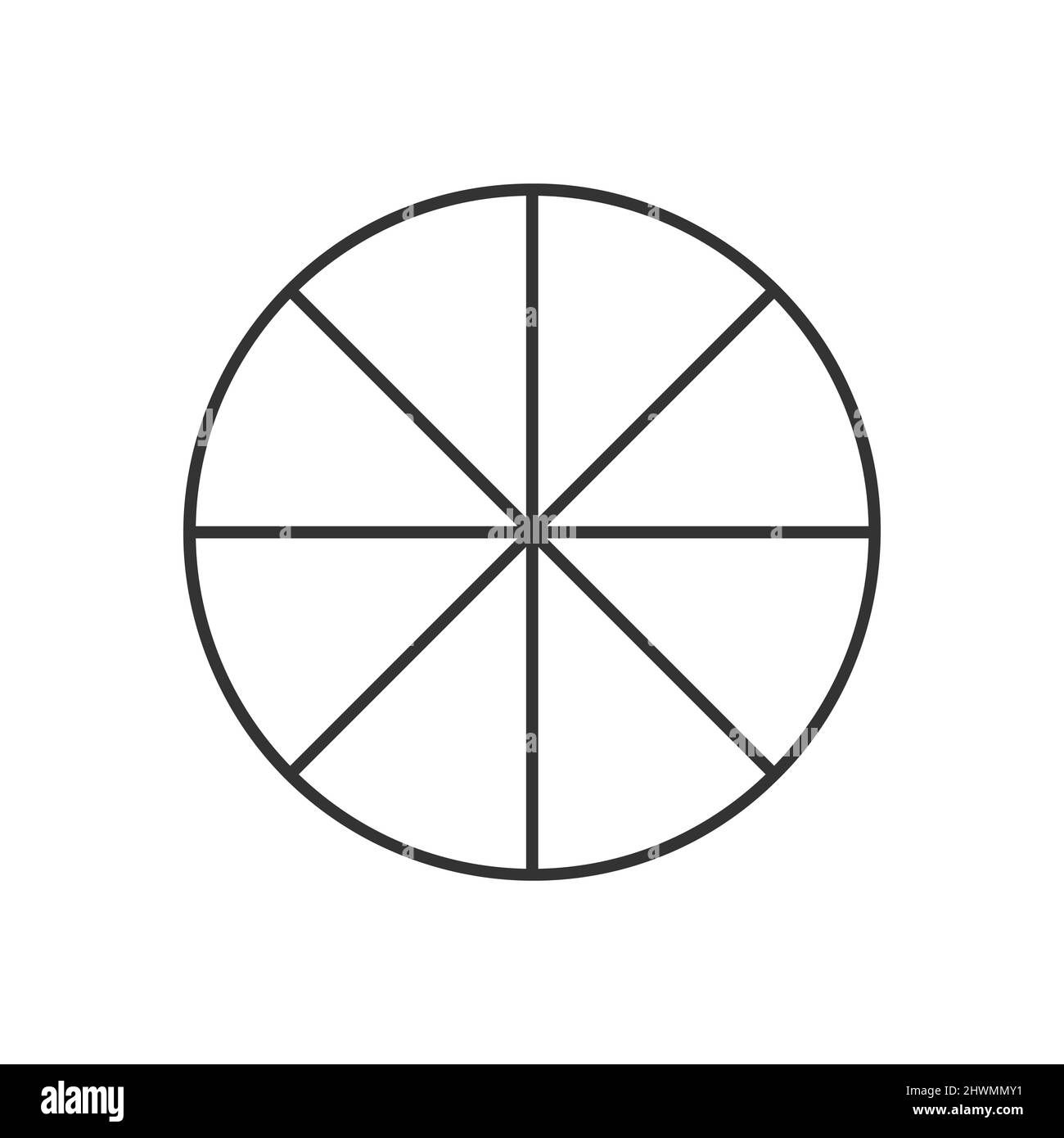 Cerchio diviso in 8 segmenti. Forma rotonda della pizza o della torta tagliata in otto fette uguali nello stile del contorno. Semplice modello di business chart. Illustrazione lineare vettoriale. Illustrazione Vettoriale