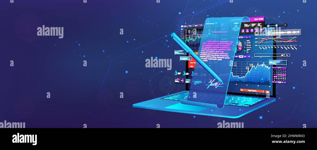 Conclusione di una transazione online con firma digitale Illustrazione Vettoriale