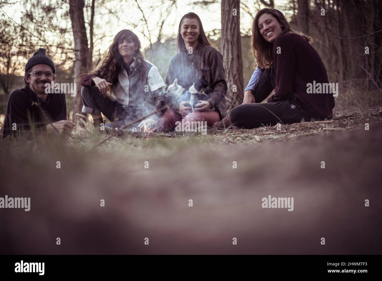 amici felici con i cani in natura si siedono dal fuoco Foto Stock