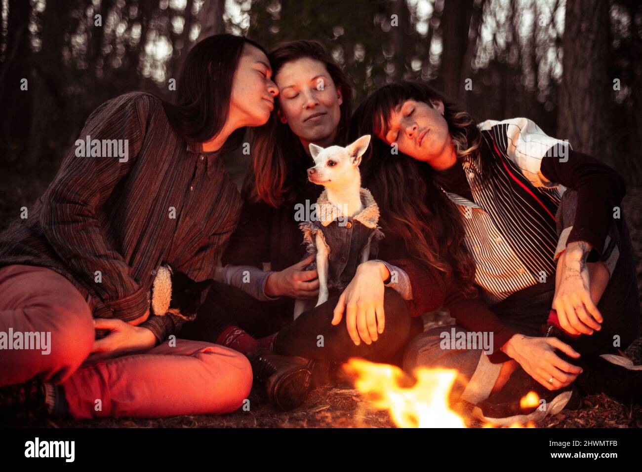 le donne intime amici con il cane piccolo accogliente vicino al fuoco Foto Stock