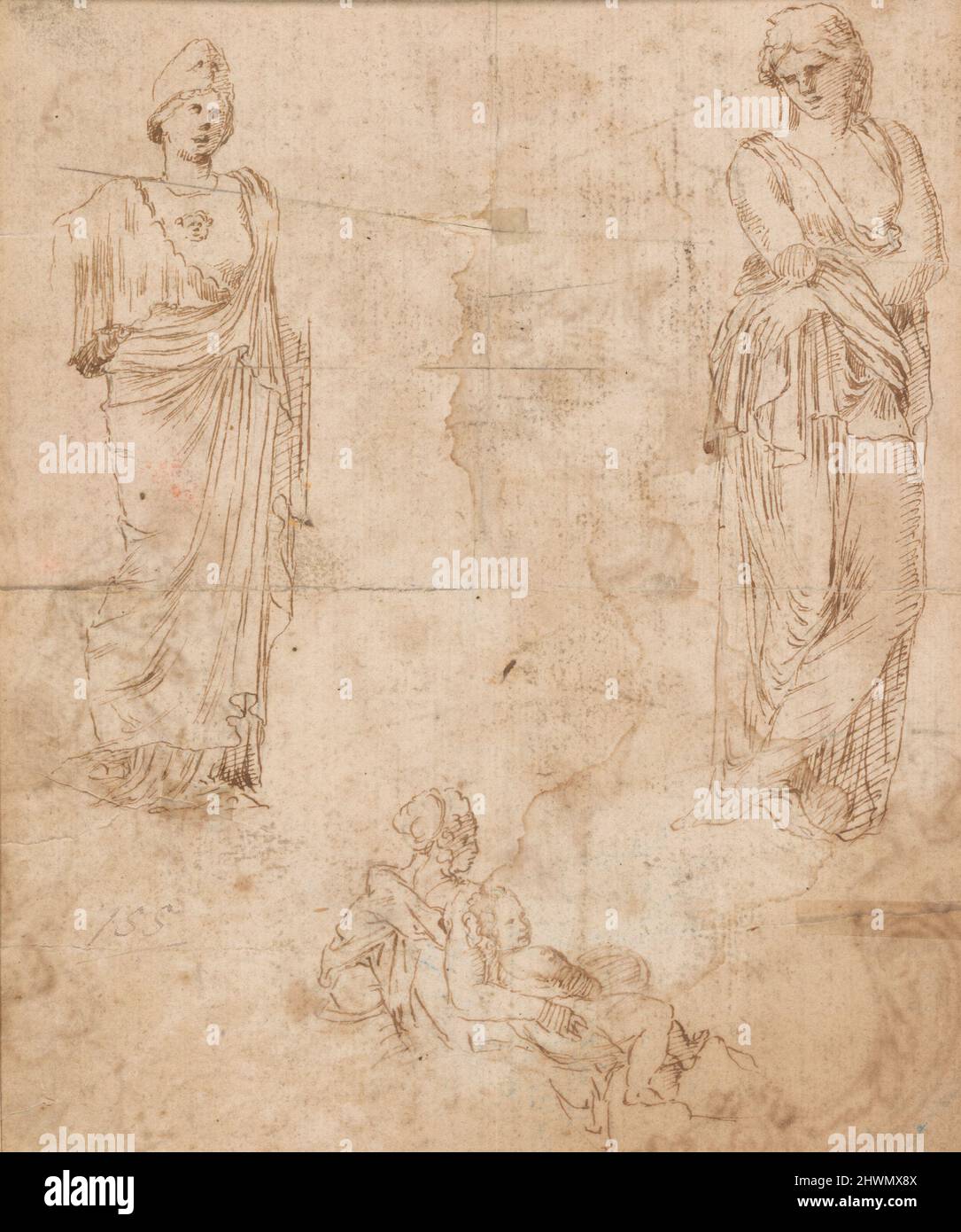 Studi di scultura antica (recto e verso). Artista, forse di: Girolamo da Carpi, italiano, 1501–1556 Foto Stock
