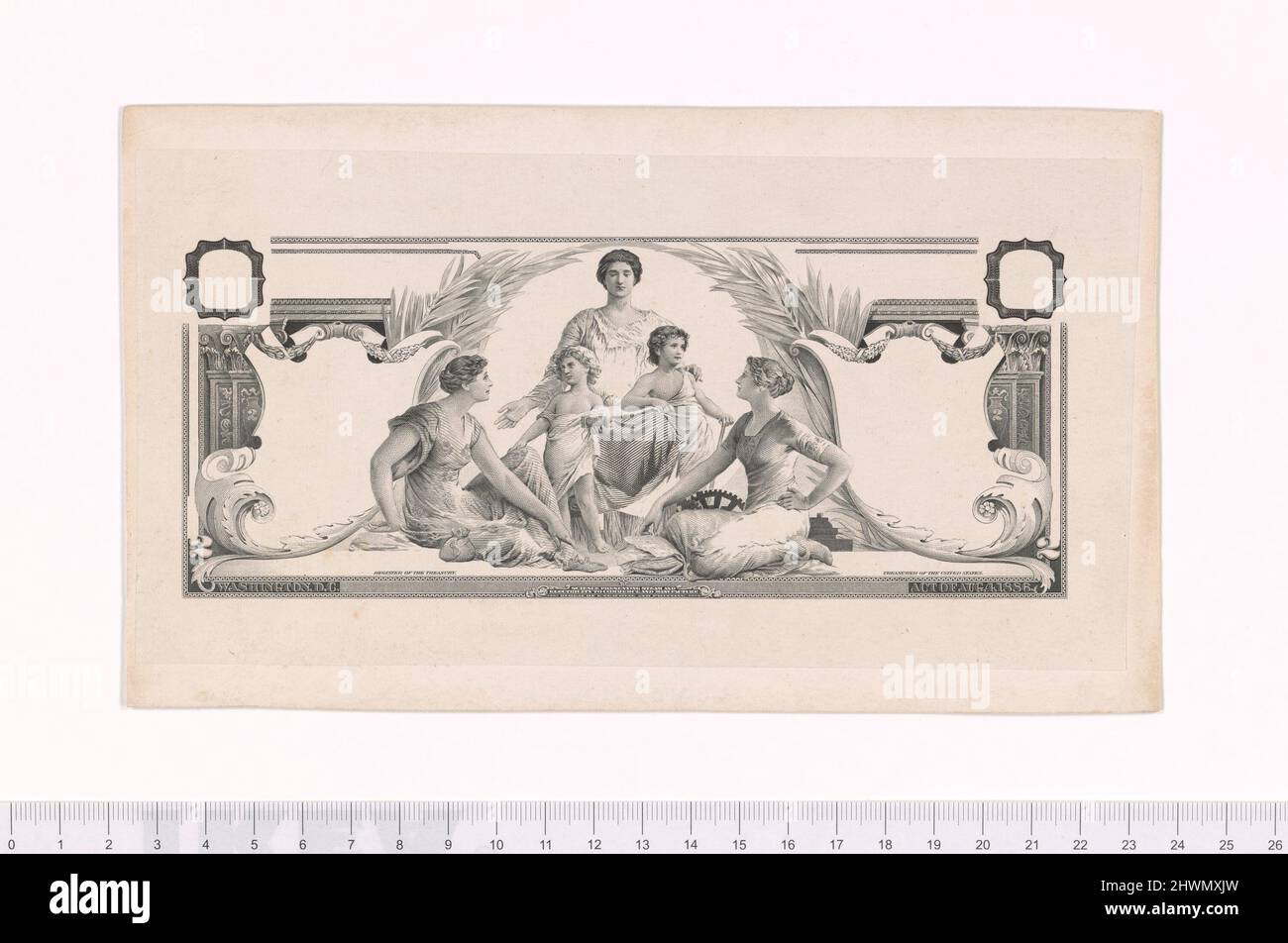 $2 Silver Certificate Progressive Essay Face Proof. Produttore: Bureau of Engraving and Printing, americano, fondato nel 1894Designer: Edwin Howland Blashfield, americano, 1848–1936 Foto Stock