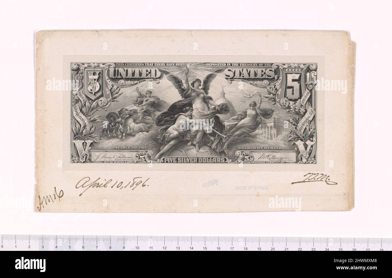 $5 certificato Silver Face Approval Proof. Incisore: G. F. C. Smillie, America, 1854–1924Manufacturer: Bureau of Engraving and Printing, American, fondato nel 1894 Foto Stock